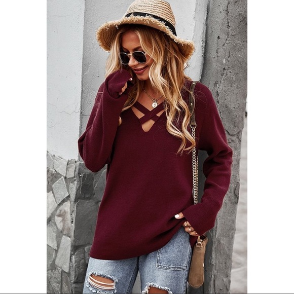 Sweaters - Wine Crisscross Sweater